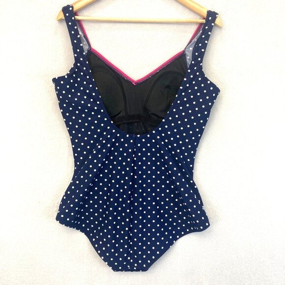 Gabar Polka Dot One Piece Swimsuit Women's 16 Navy Blue Ruched Slimming Classic - Picture 2 of 16